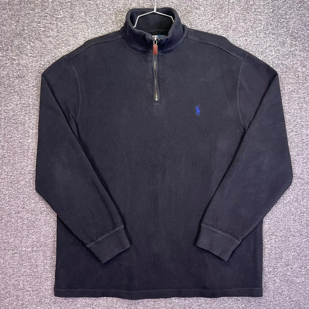 Polo Ralph Lauren Quarter Zip Pullover Mens L Black Cotton Casual Mock Neck Pony